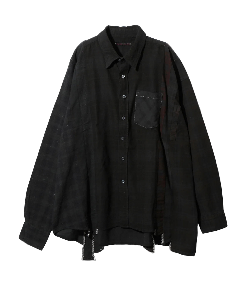 Flannel Shirt -> 7 Cuts Wide Shirt / Over Dye - Black