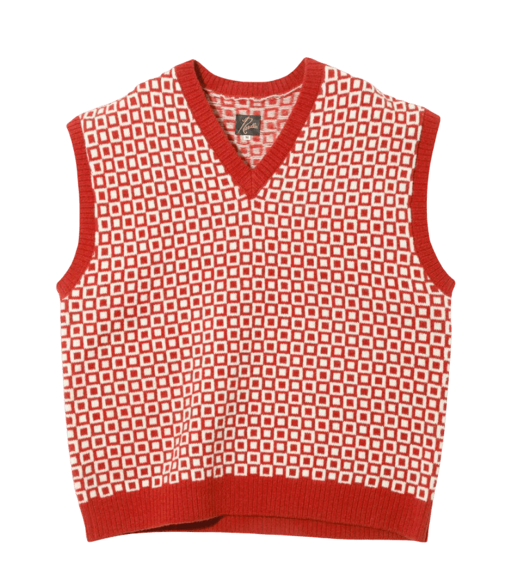 Shetland Knit Vest - Red - Plaid - Needles Official Store | Track Pants Jackets and Collections